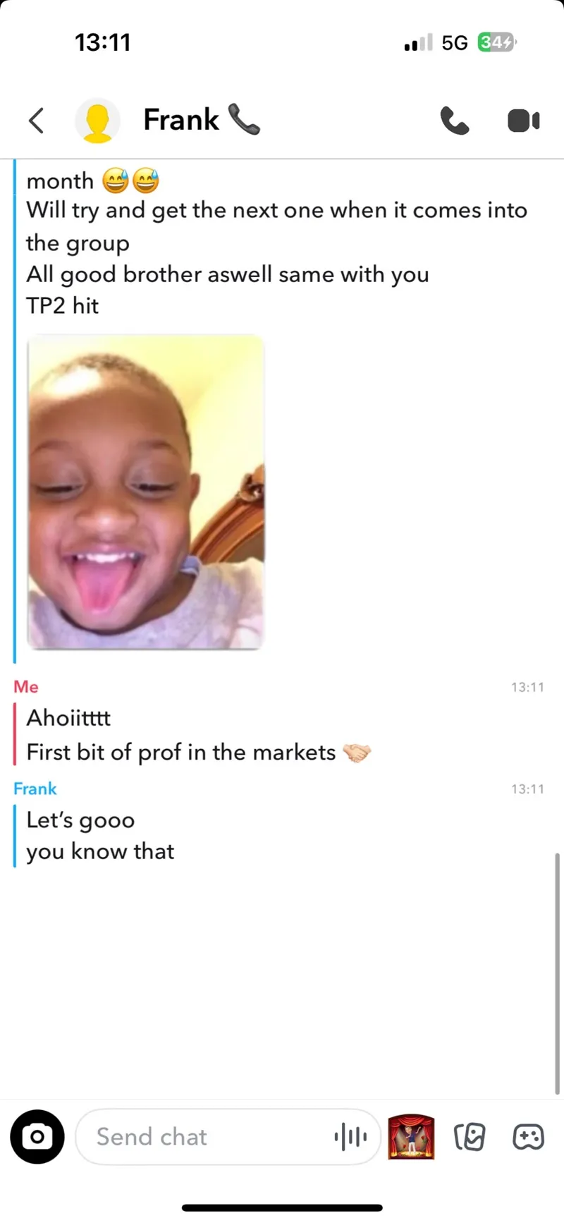 Member messaging about hitting TP2 and their first profit in the markets